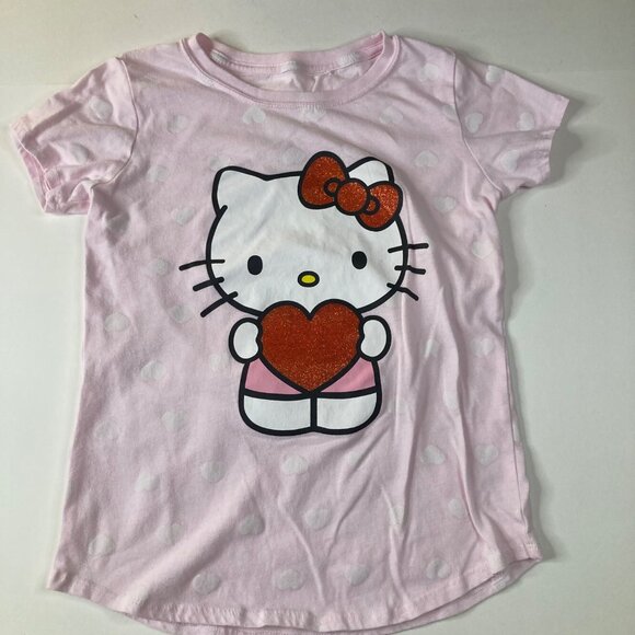 Girls Hello Kitty Tee Shirt Hearts Kitty Short Sleeve Pink L Cotton Polyester - Picture 1 of 6